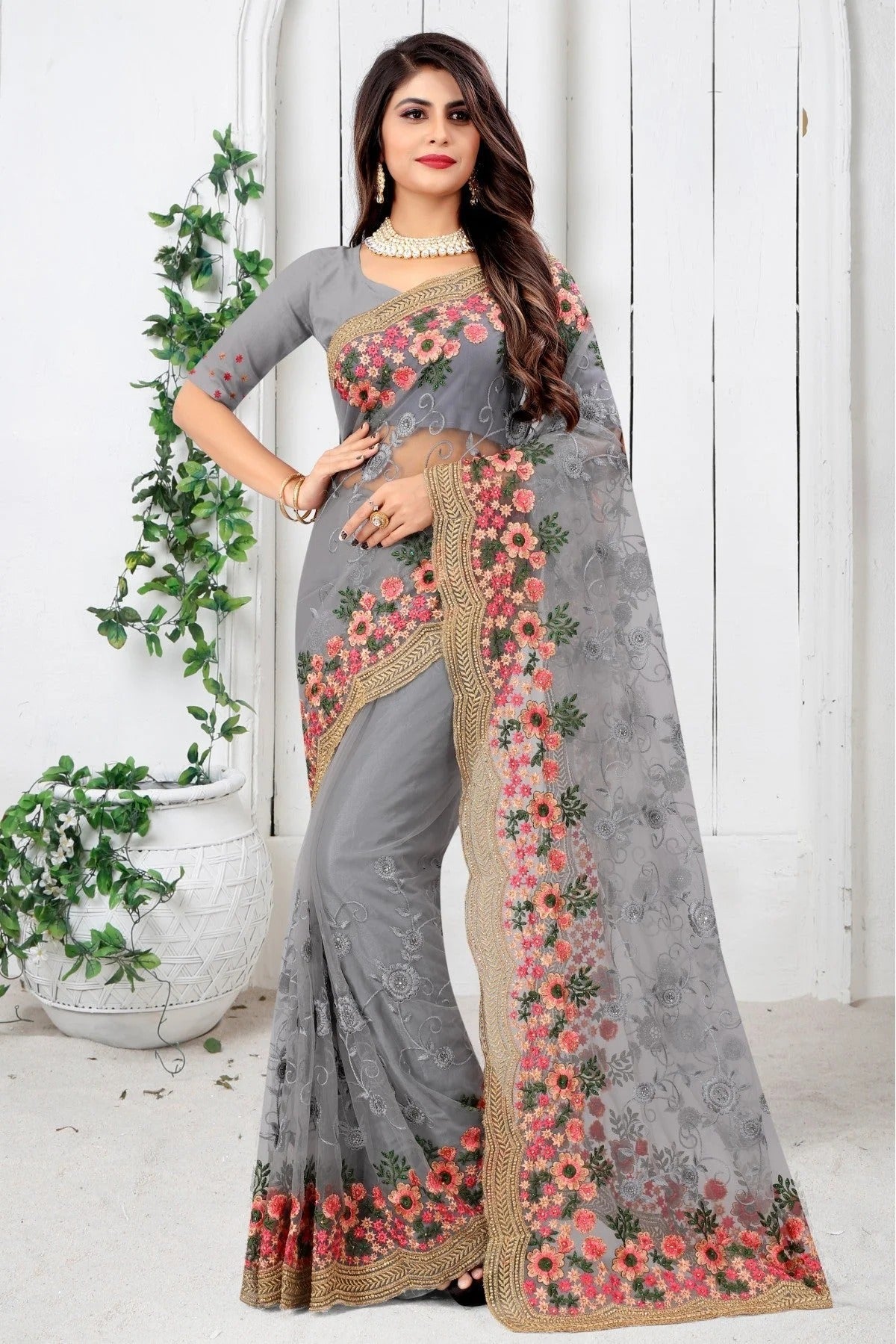 Grey Colour Net Embroidery Saree SD1090449