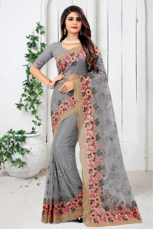 Grey Colour Net Embroidery Saree SD1090449