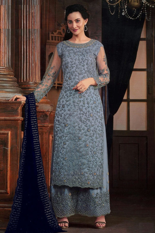 Grey Colour Net Palazzo Pant Suit SM1110627
