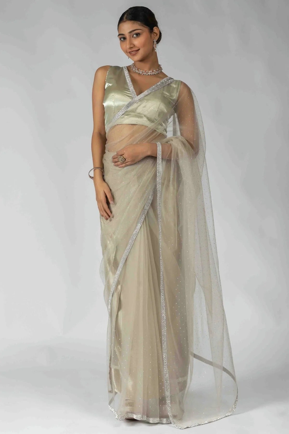 Grey Colour Net Ready To Wear Saree SD1122056