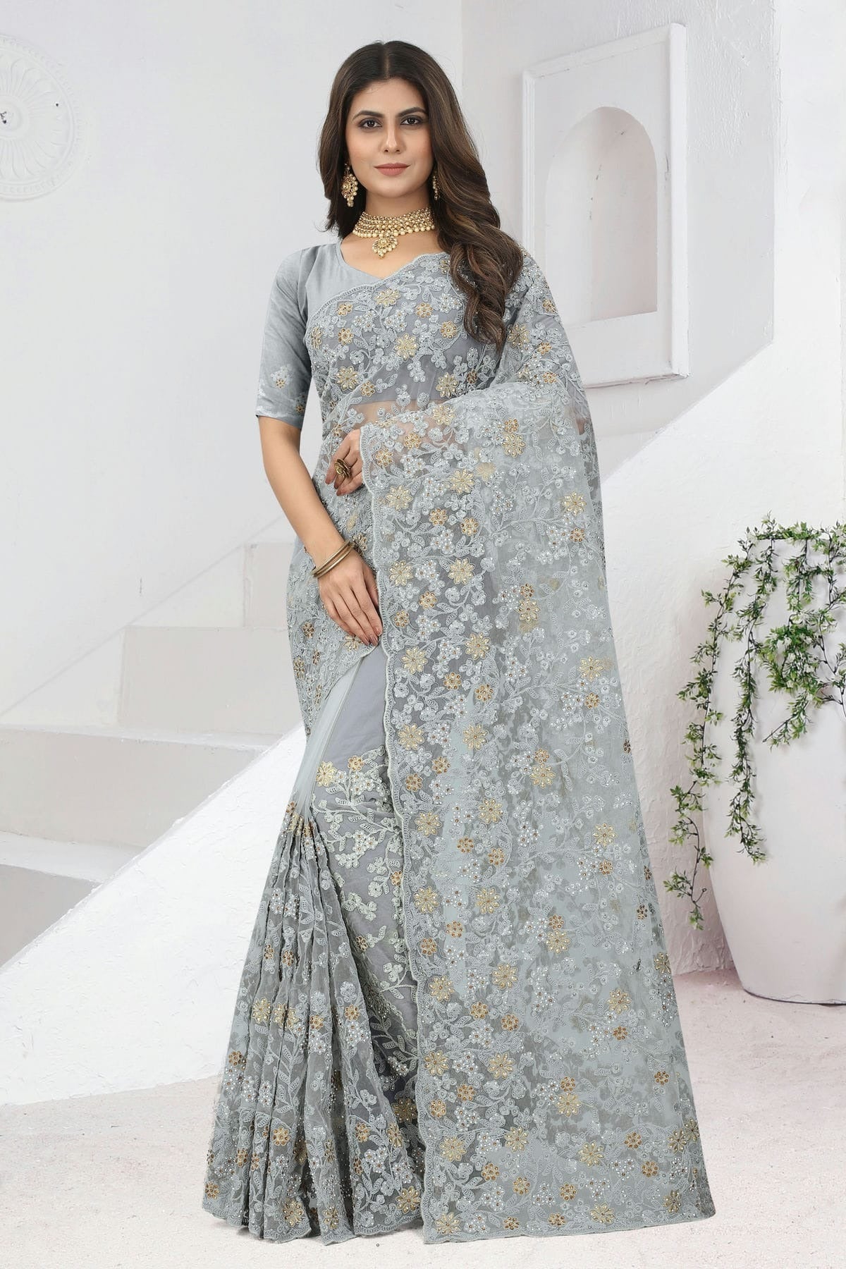Grey Colour Net Saree SD1090838