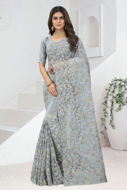 Grey Colour Net Saree SD1090838