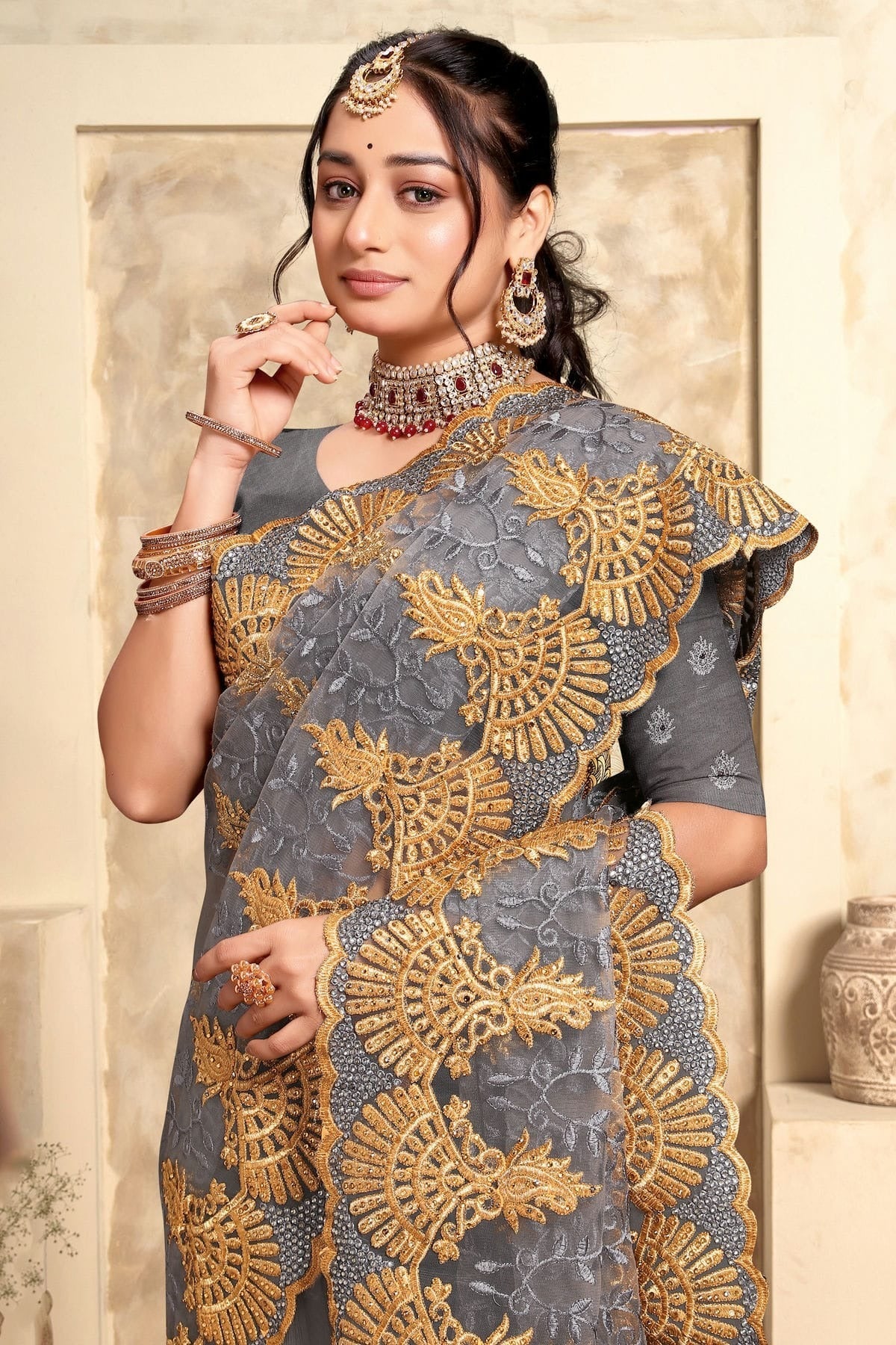 Grey Colour Net Saree SD1090987 A