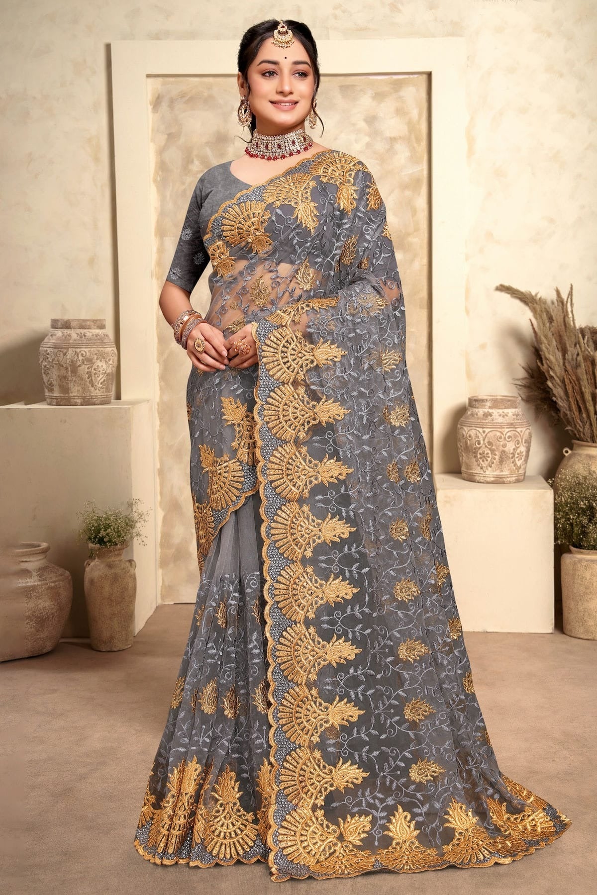 Grey Colour Net Saree SD1090987