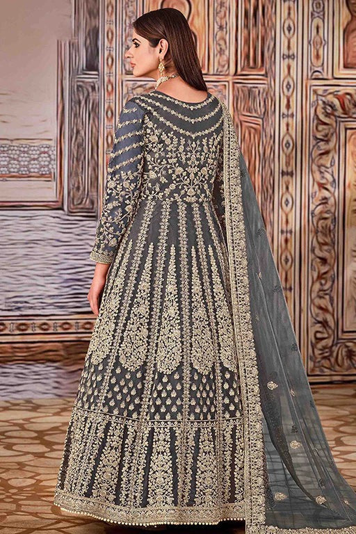 Grey Colour Net Semi Stitched Anarkali Suit SM1050279 A