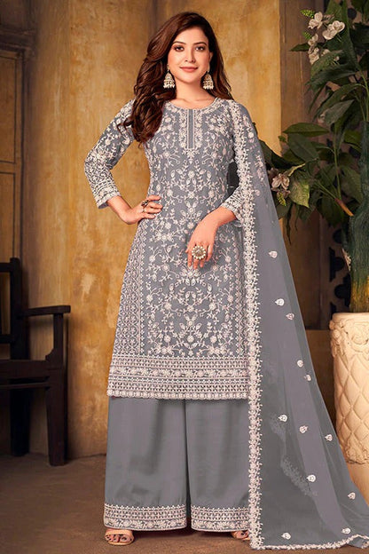 Grey Colour Net Semi Stitched Palazzo Pant Suit SM1050327