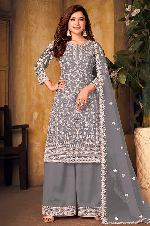 Grey Colour Net Semi Stitched Palazzo Pant Suit SM1050327