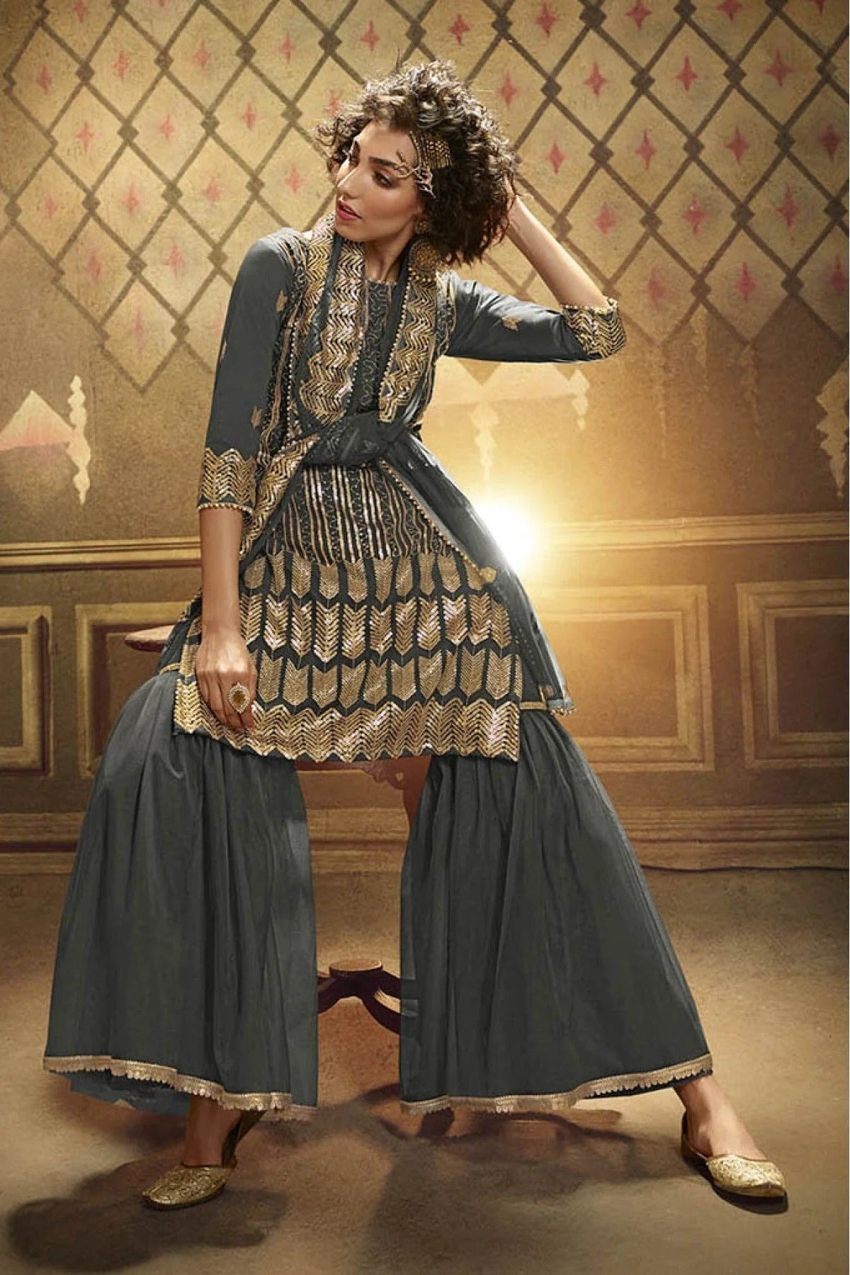 Grey Colour Net Sequins Work Sharara Suit SM1080646 A