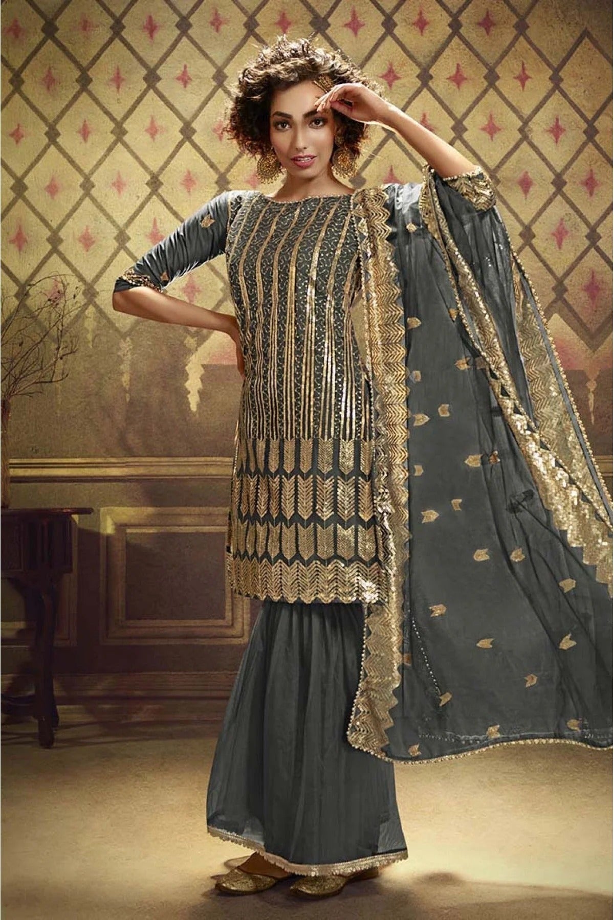 Grey Colour Net Sequins Work Sharara Suit SM1080646