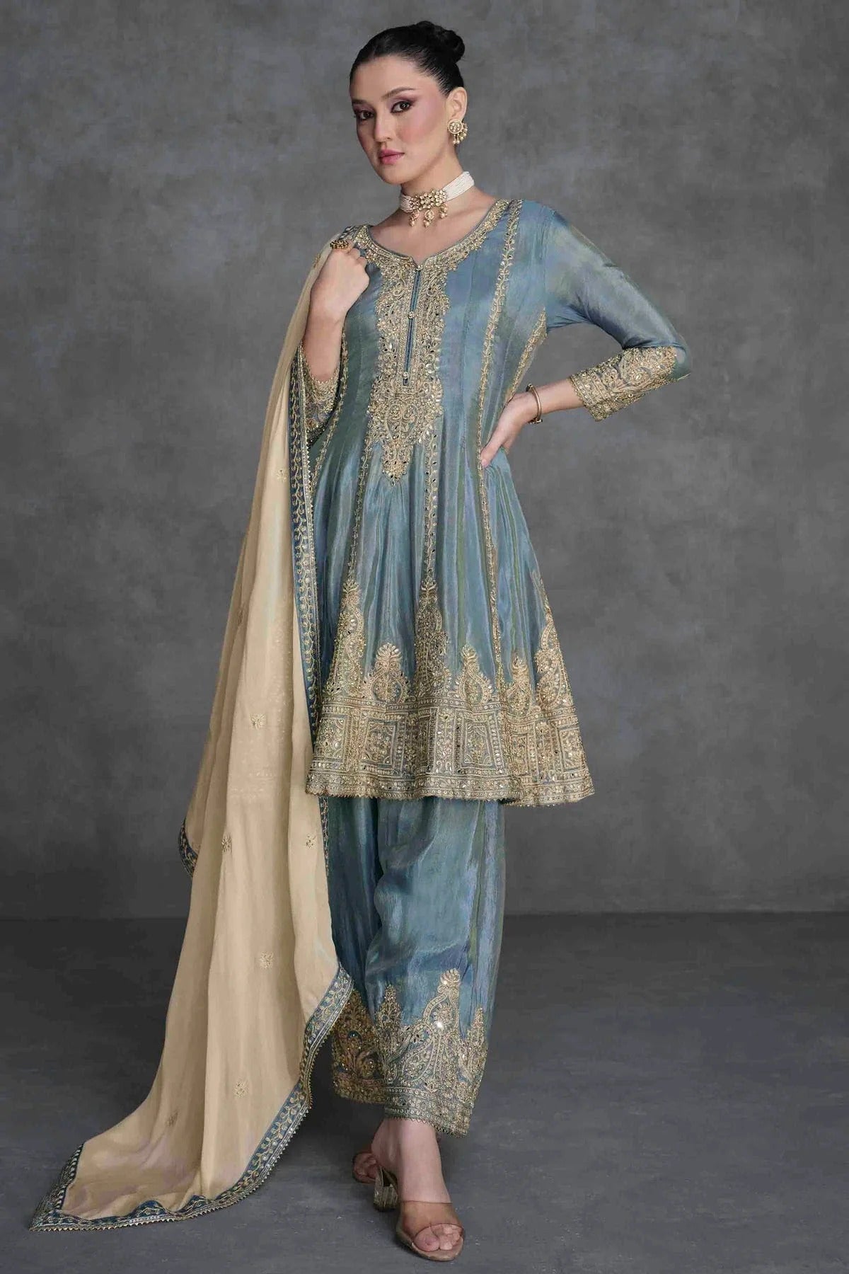 Grey Colour Organza Palazzo Pant Suit SM1140838 A
