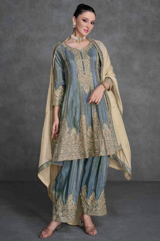 Grey Colour Organza Palazzo Pant Suit SM1140838