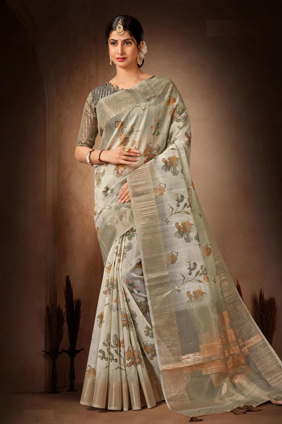 Grey Colour Organza Printed Saree LC1121590