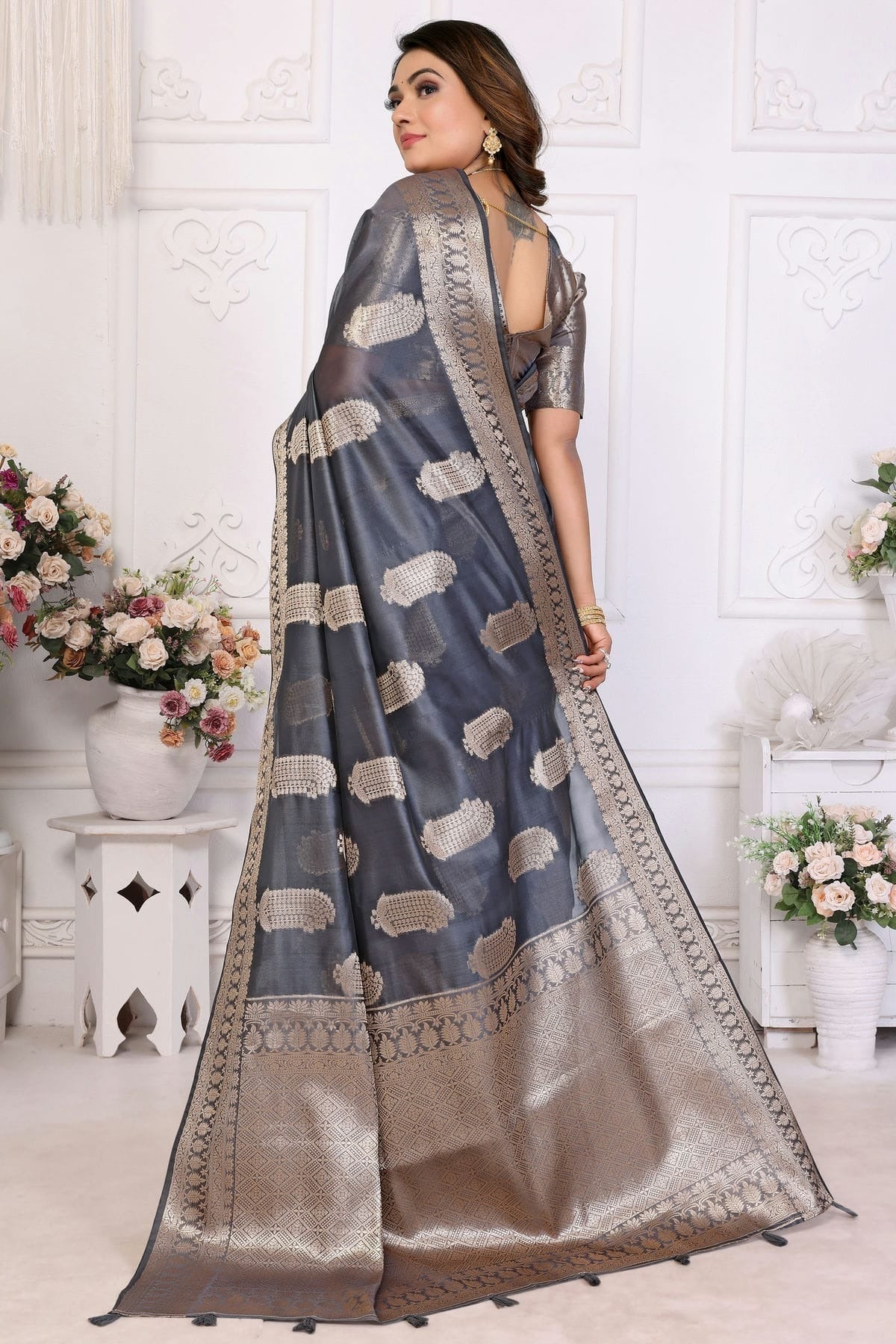 Grey Colour Organza Traditional Saree SD1112712 A