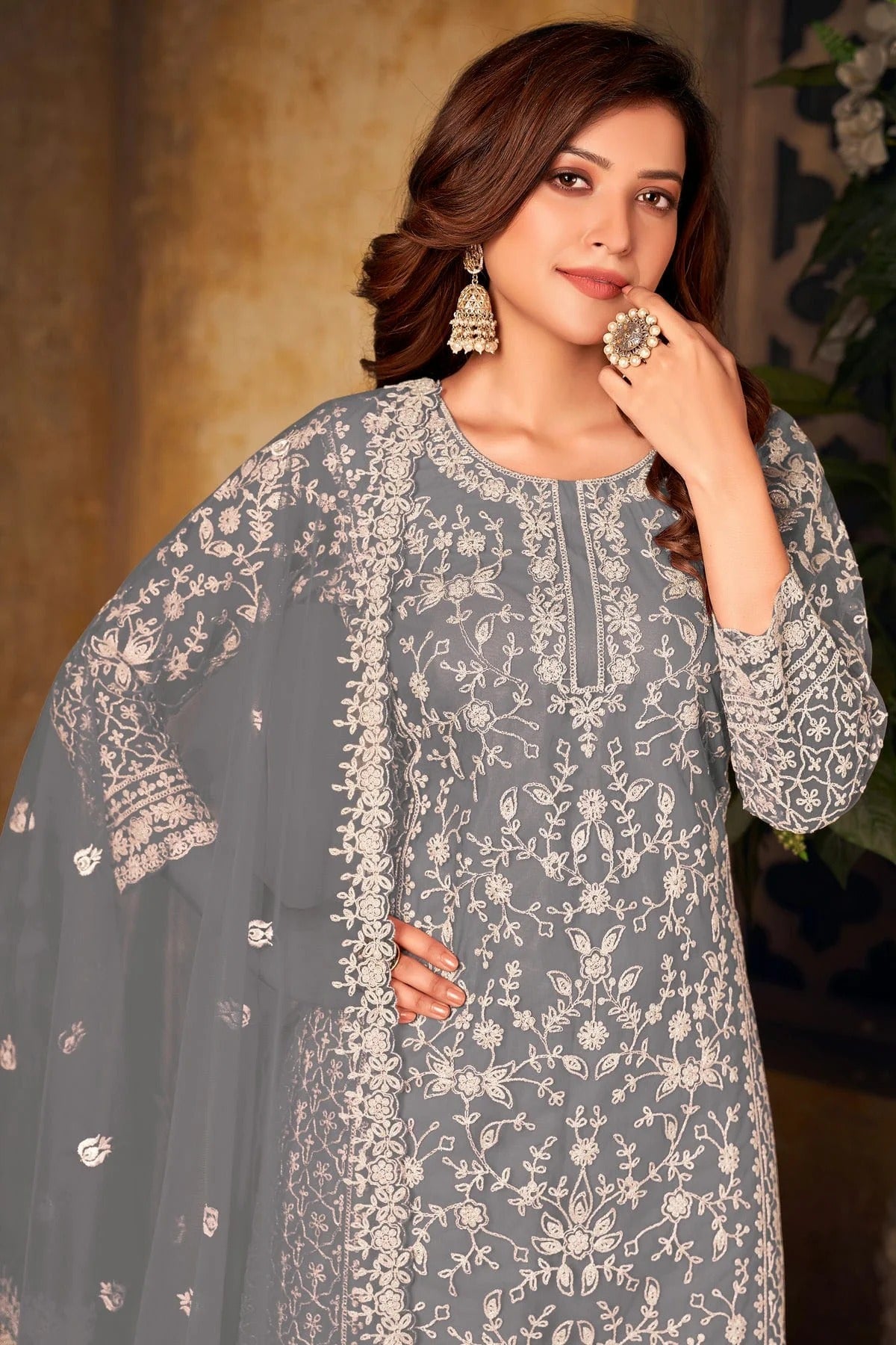 Grey Colour Plazoo Pant Suit Net Semi Stitched SM1050526 A
