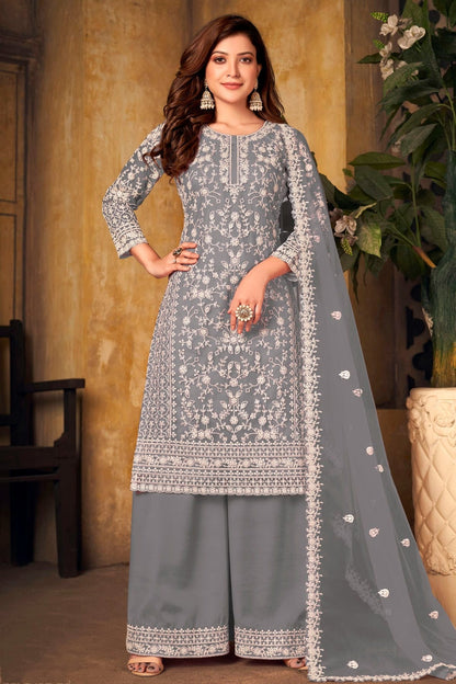 Grey Colour Plazoo Pant Suit Net Semi Stitched SM1050526