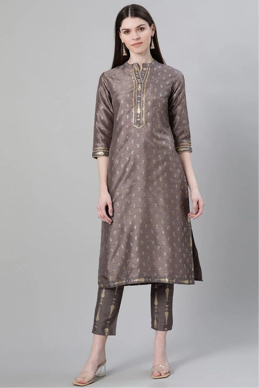 Grey Colour Plus Size Poly Silk Printed Kurta Pant Set KR1060054