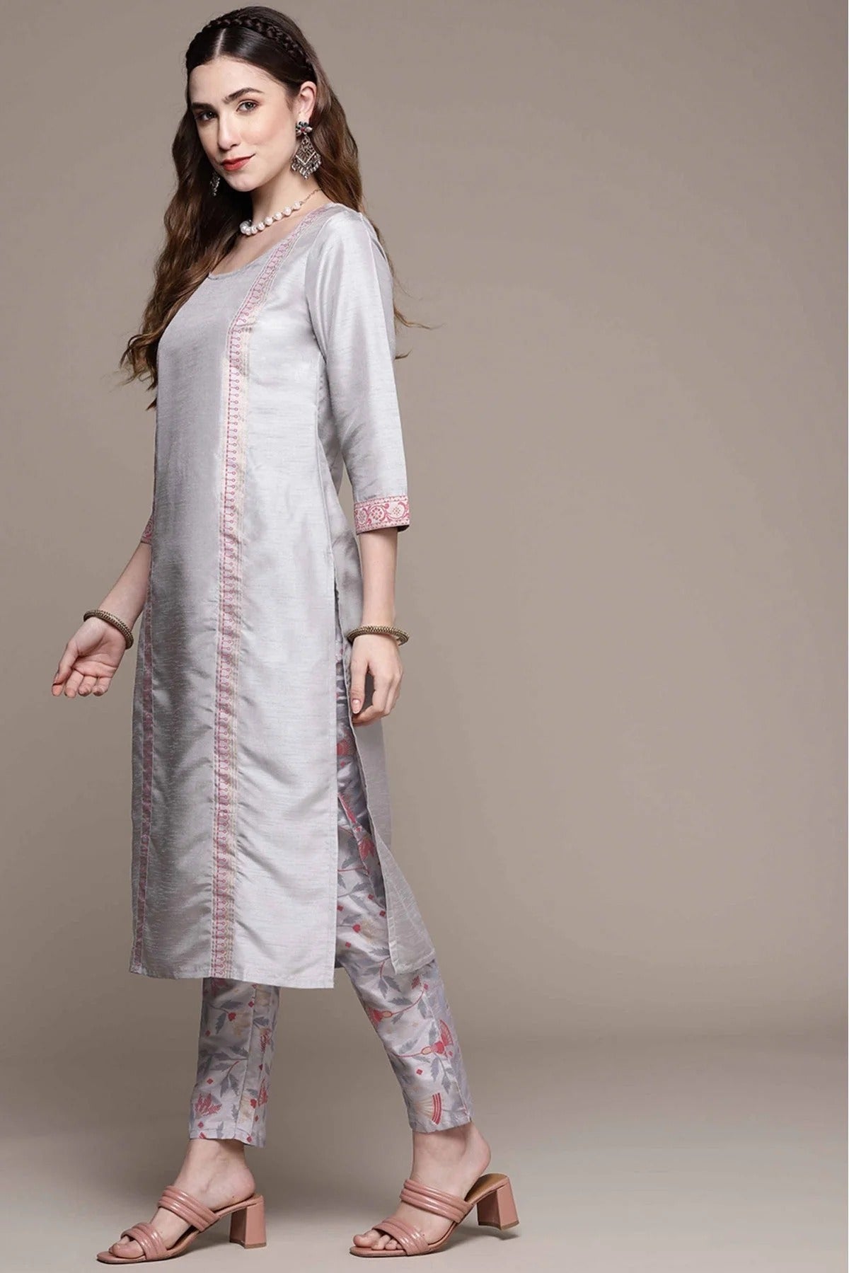 Grey Colour Poly Silk Foil Print Kurta With Pant KR1060155 A