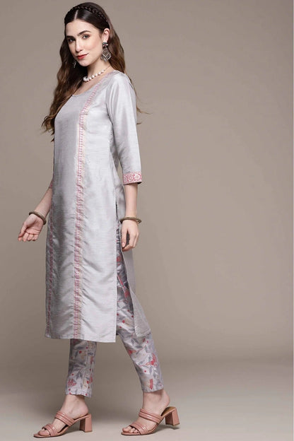 Grey Colour Poly Silk Foil Print Kurta With Pant KR1060155 A