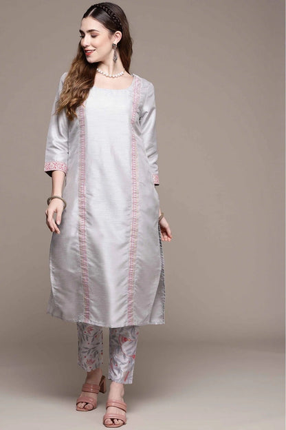 Grey Colour Poly Silk Foil Print Kurta With Pant KR1060155