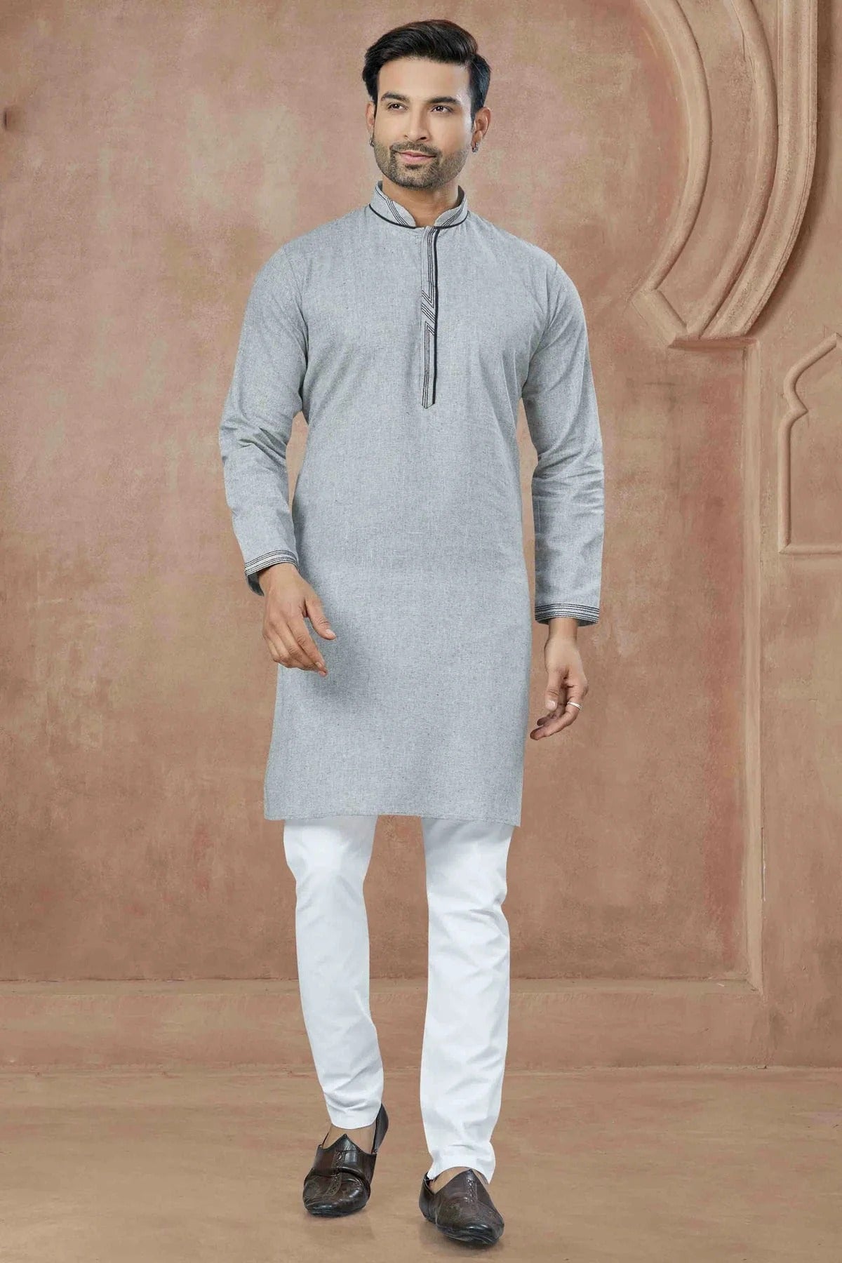 Grey Colour Printed and Pintex Work Cotton Kurta Pajama KP1113445