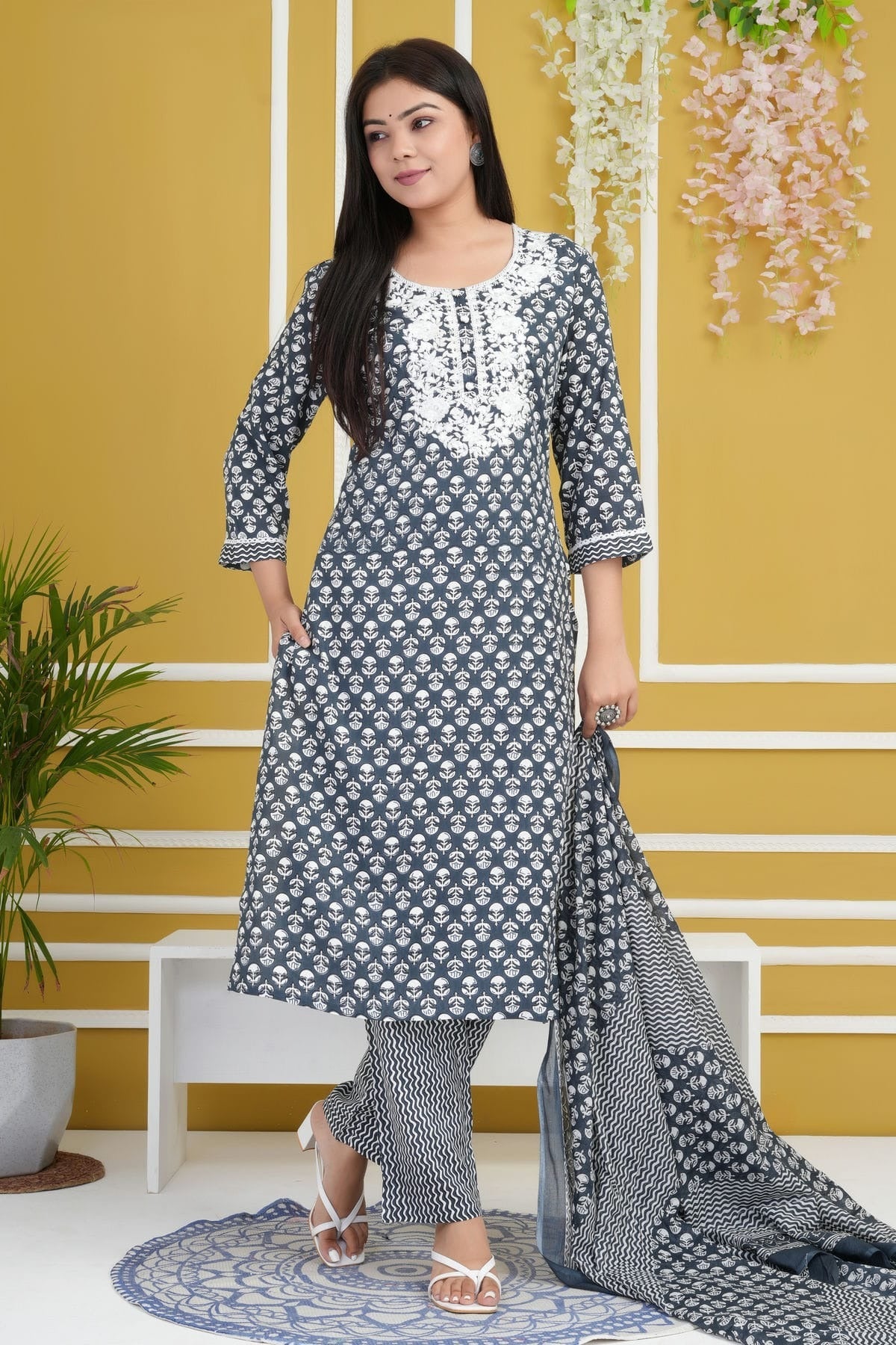 Grey Colour Rayon Cotton Readymade Anarkali Suit SS1140407