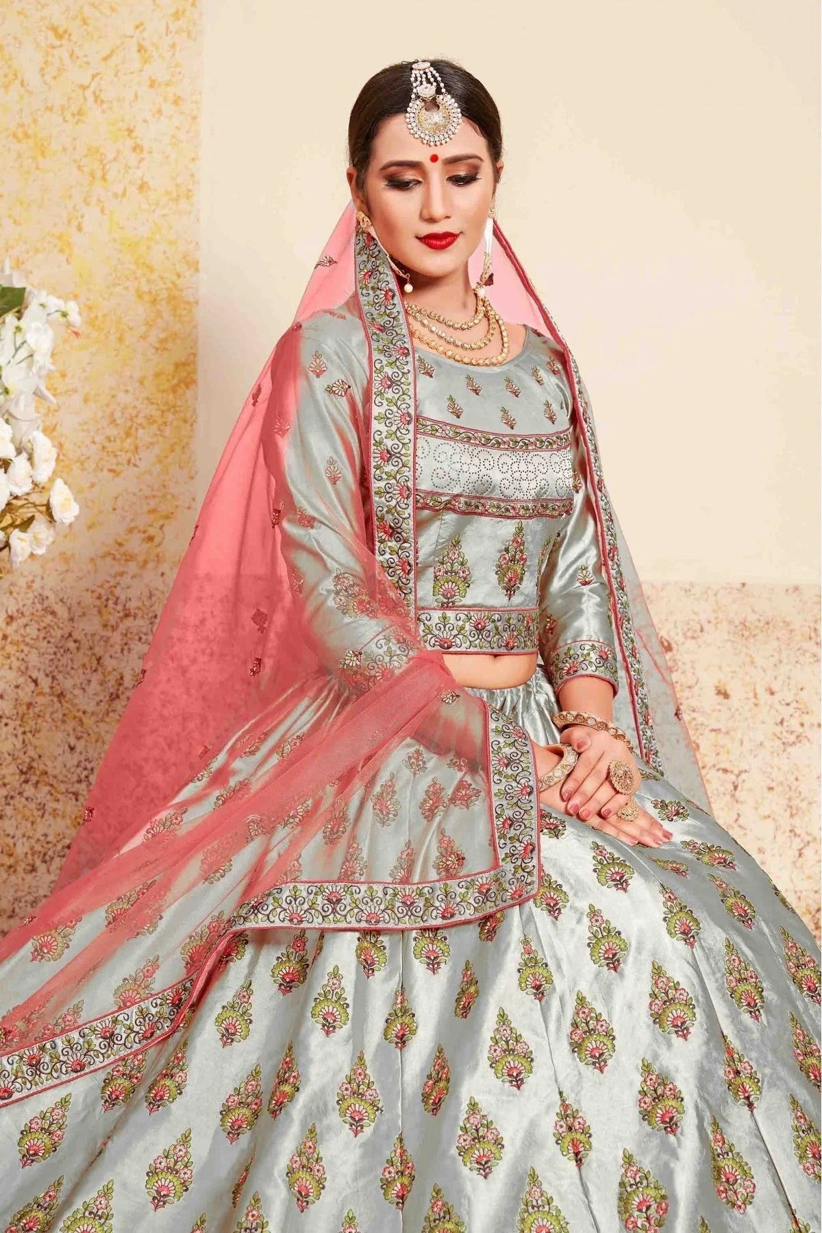 Grey Colour Satin Embroidery Lehenga Choli LC1080199 A