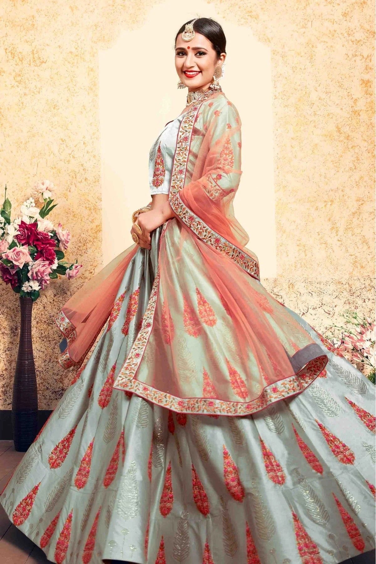 Grey Colour Satin Embroidery Lehenga Choli LC1080204 A