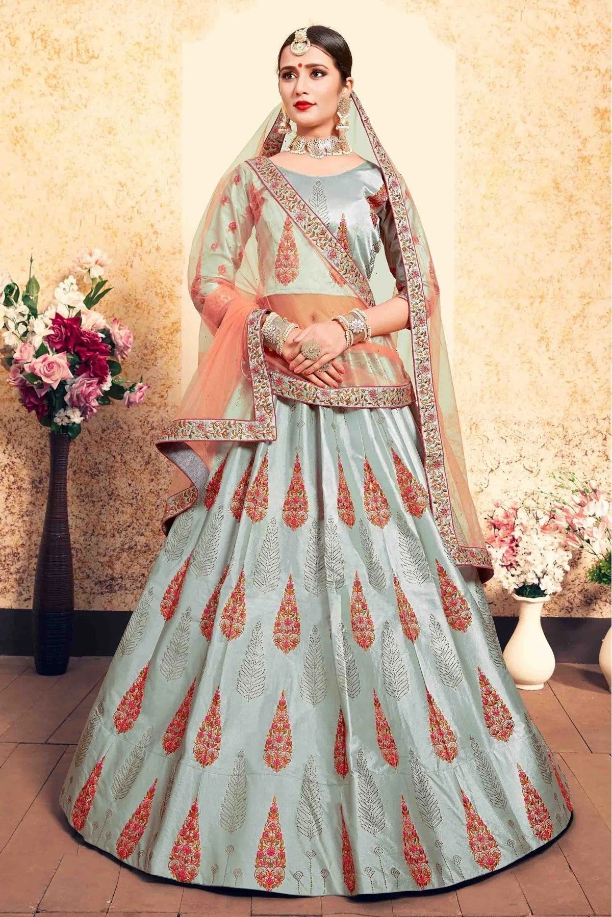 Grey Colour Satin Embroidery Lehenga Choli LC1080204