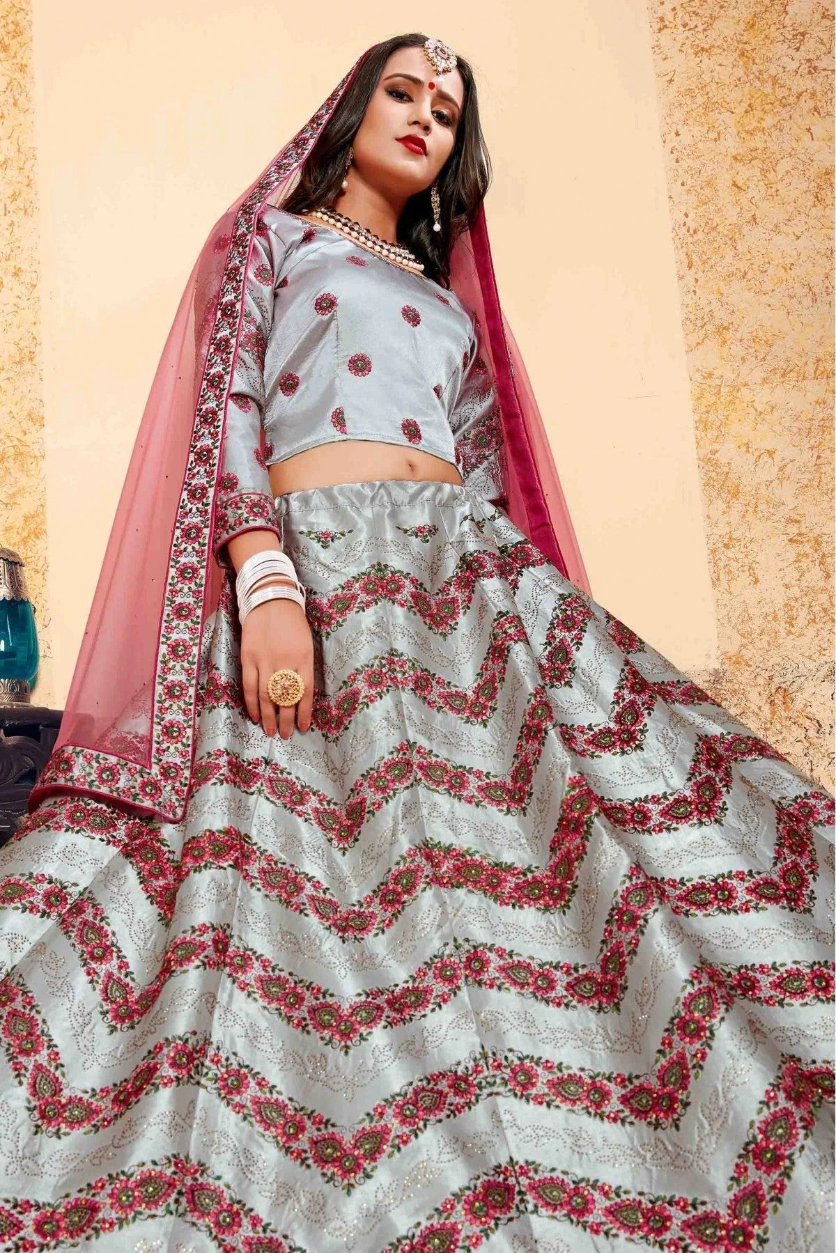 Grey Colour Satin Embroidery Lehenga Choli LC1080206 A