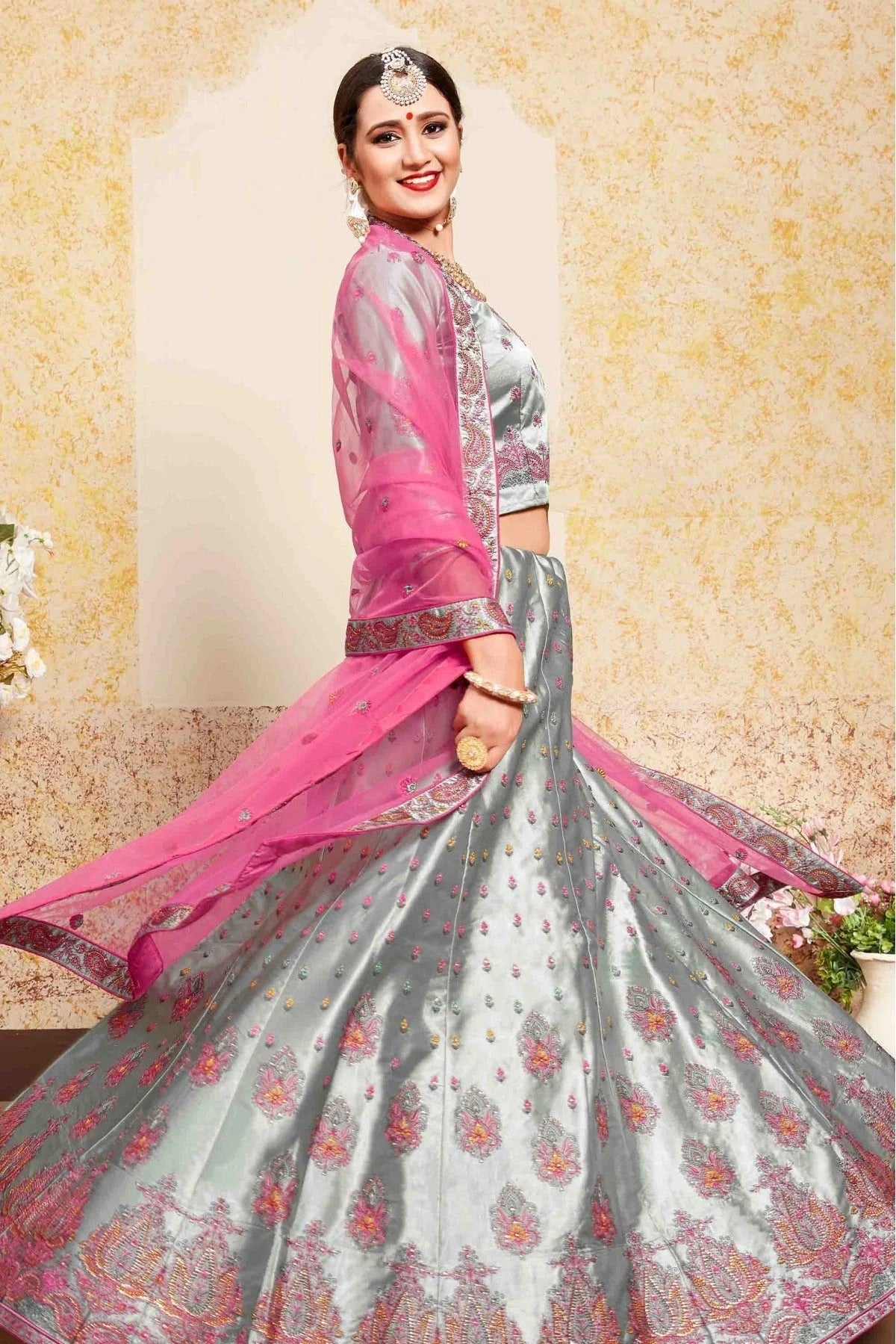 Grey Colour Satin Embroidery Lehenga Choli LC1080430 A