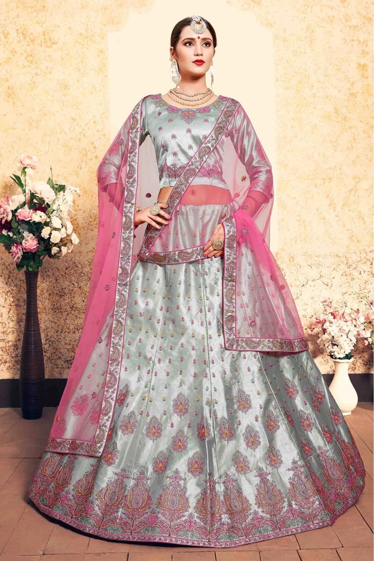 Grey Colour Satin Embroidery Lehenga Choli LC1080430