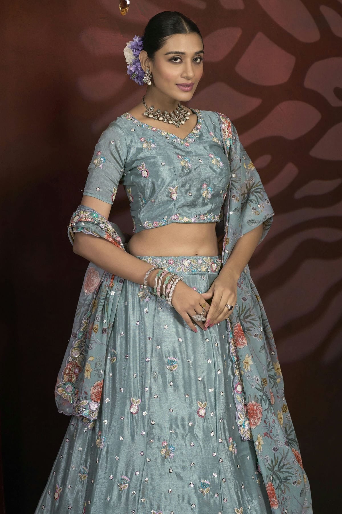 Grey Colour Semi Stitched Chinon Lehenga Choli LC1112519 B