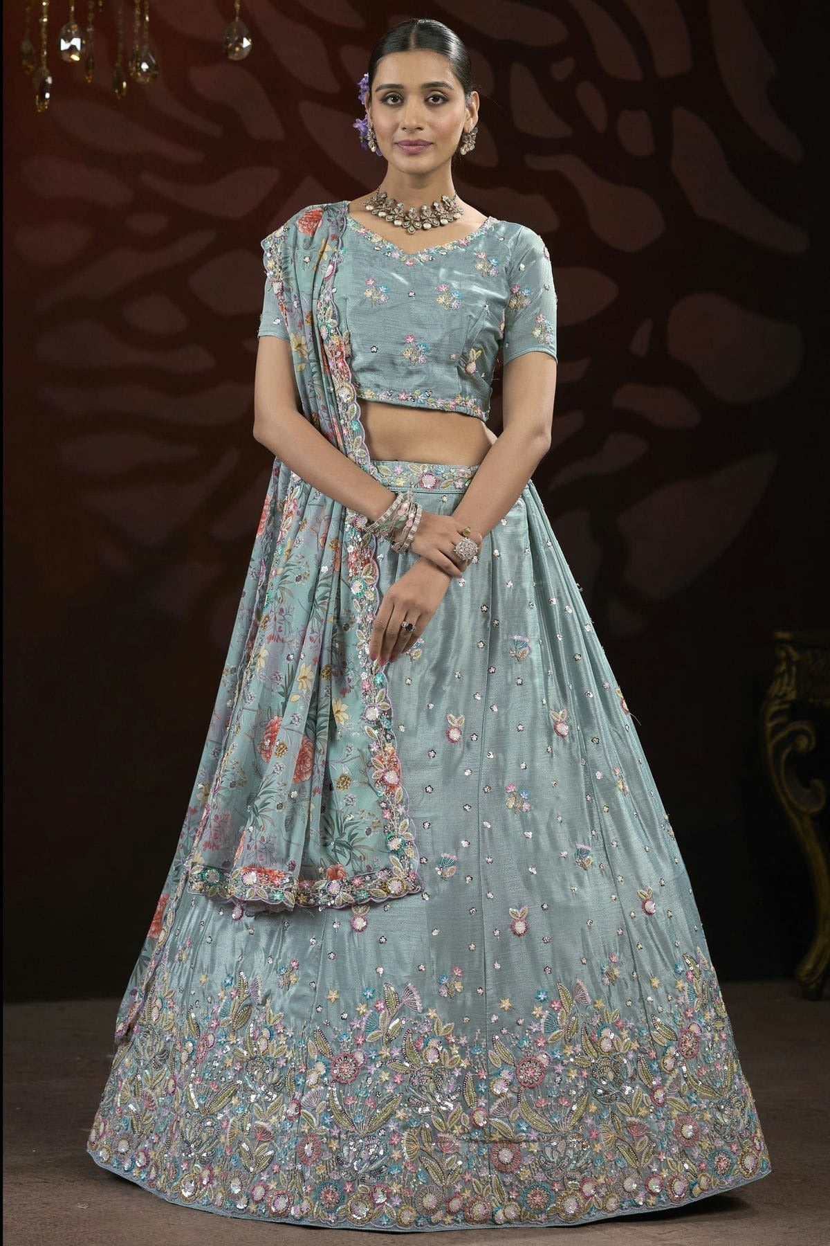 Grey Colour Semi Stitched Chinon Lehenga Choli LC1112519