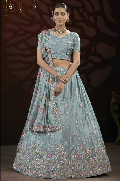 Grey Colour Semi Stitched Chinon Lehenga Choli LC1112519