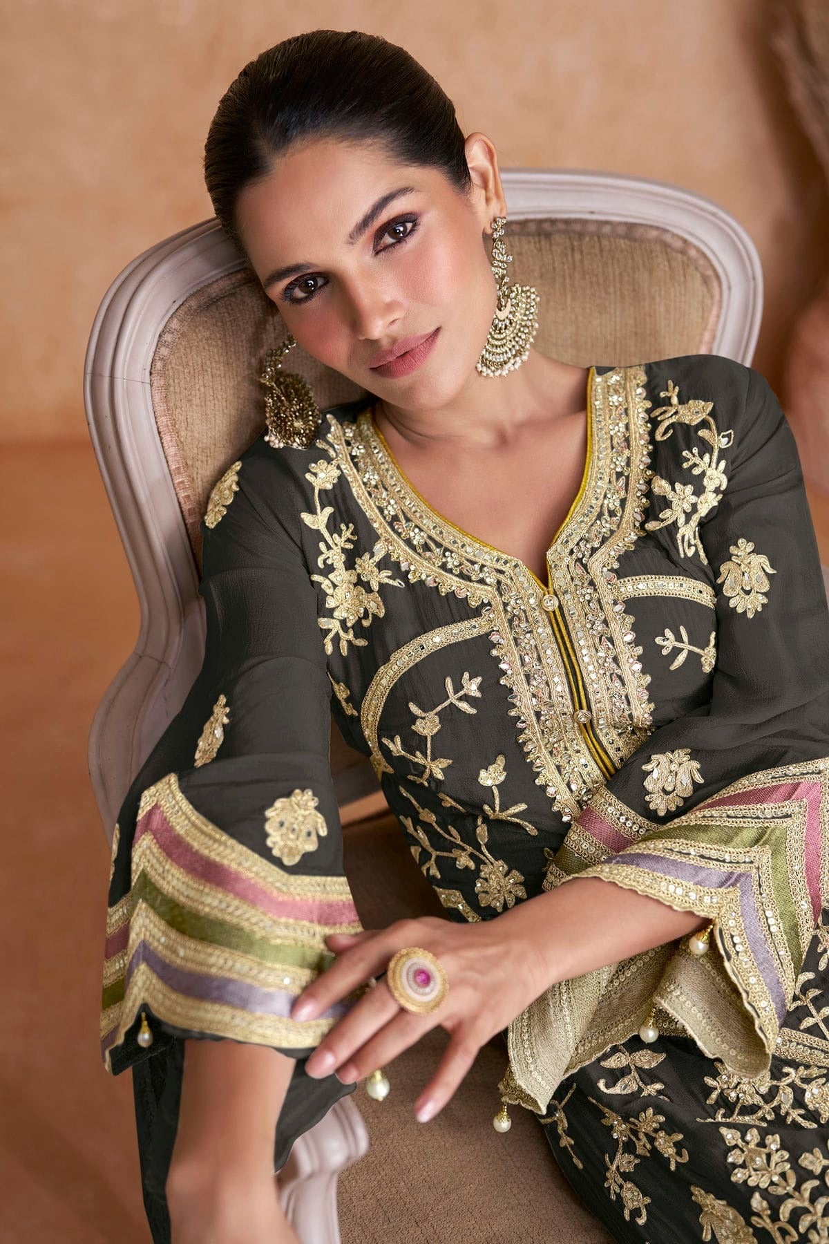 Grey Colour Semi Stitched Chinon Pakistani Suit SM1140253 A