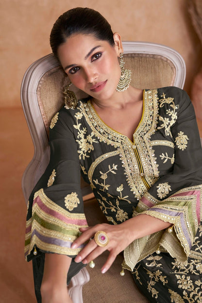 Grey Colour Semi Stitched Chinon Pakistani Suit SM1140253 A