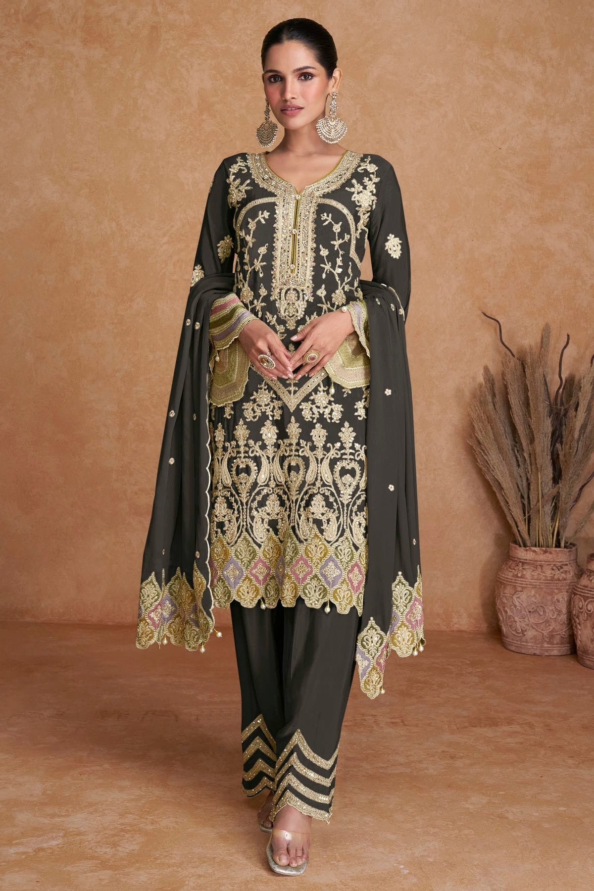 Grey Colour Semi Stitched Chinon Pakistani Suit SM1140253