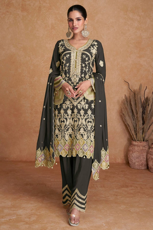 Grey Colour Semi Stitched Chinon Pakistani Suit SM1140253