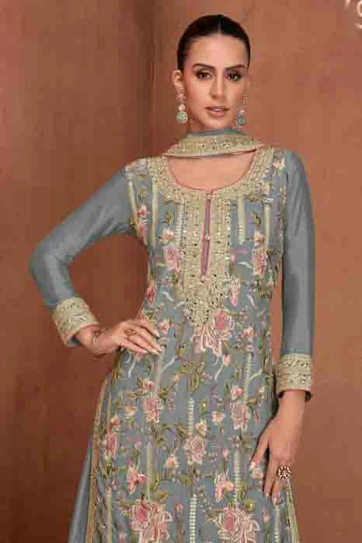 Grey Colour Semi Stitched Chinon Palazzo Pant Suit SM1140654 A