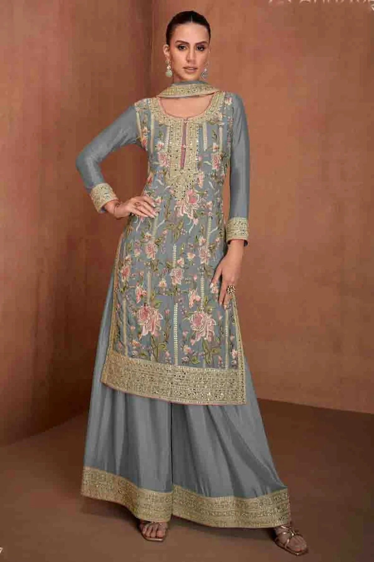 Grey Colour Semi Stitched Chinon Palazzo Pant Suit SM1140654