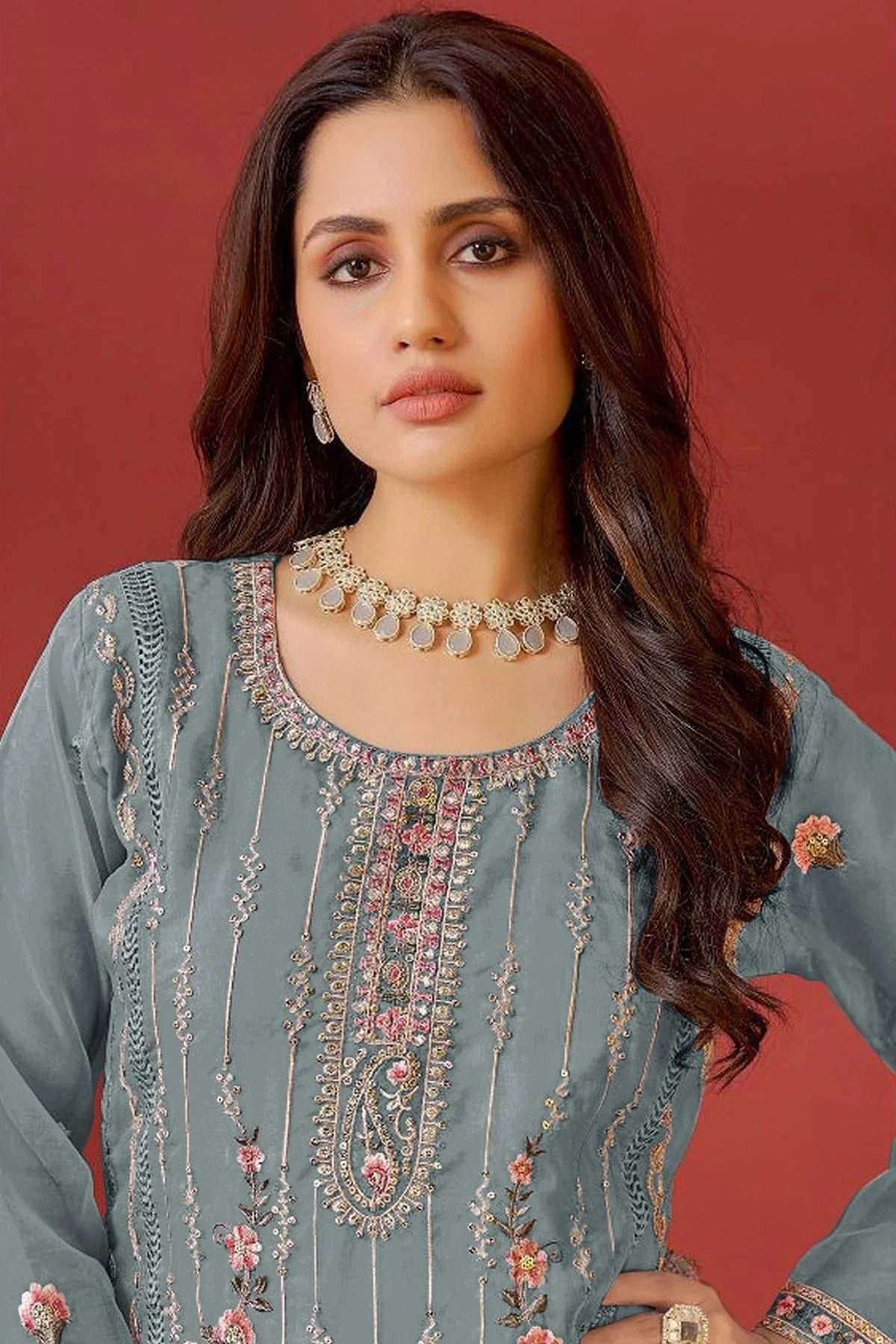 Grey Colour Semi Stitched Faux Georgette Pakistani Suit SM1140174 A