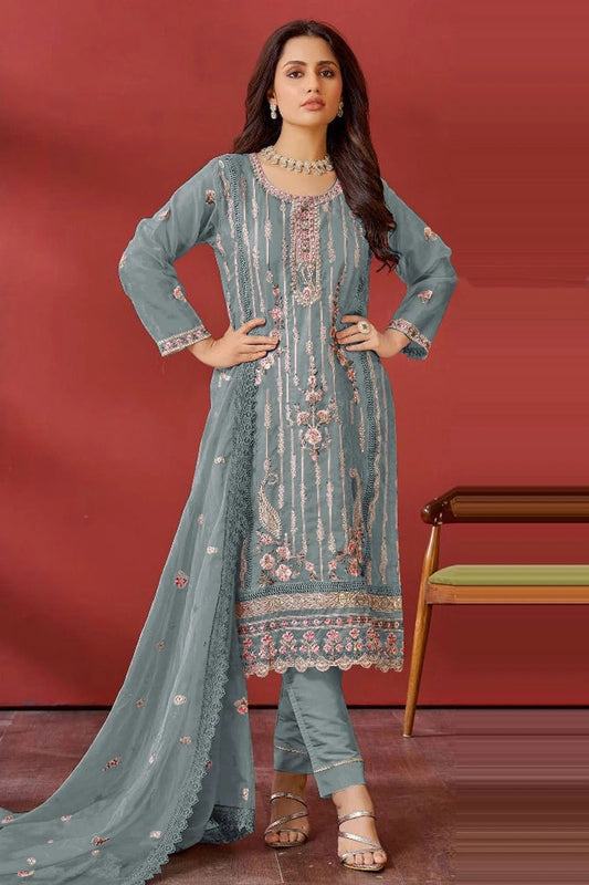 Grey Colour Semi Stitched Faux Georgette Pakistani Suit SM1140174
