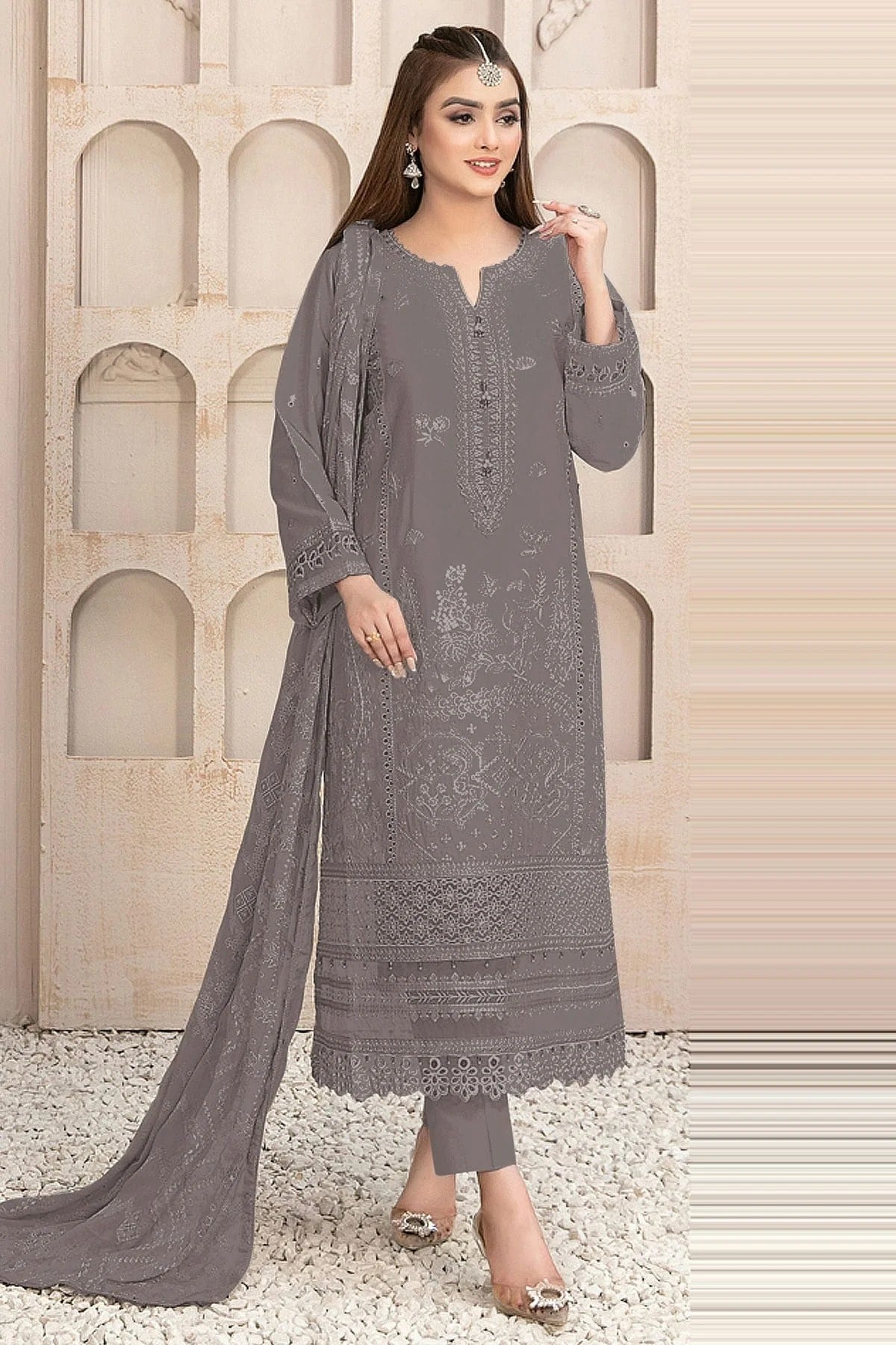 Grey Colour Semi Stitched Faux Georgette Pakistani Suit SM1140189