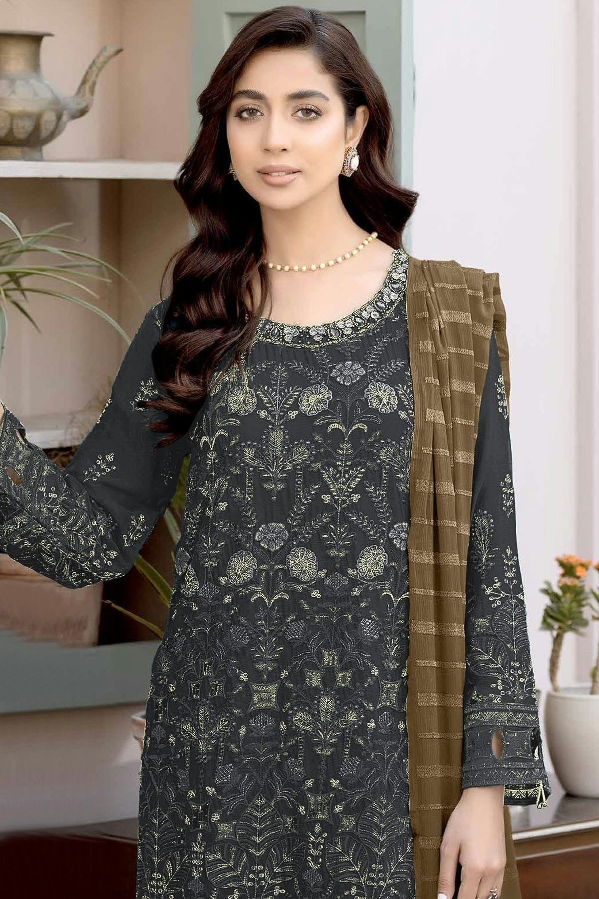 Grey Colour Semi Stitched Faux Georgette Pakistani Suit SM1140312 A