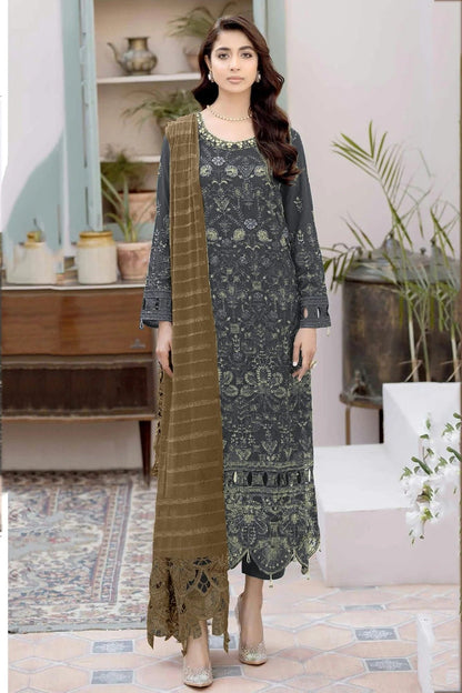 Grey Colour Semi Stitched Faux Georgette Pakistani Suit SM1140312