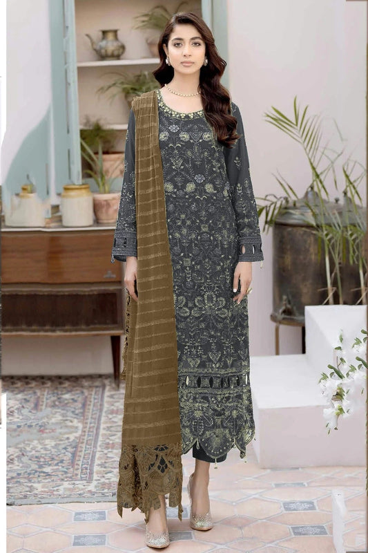 Grey Colour Semi Stitched Faux Georgette Pakistani Suit SM1140312