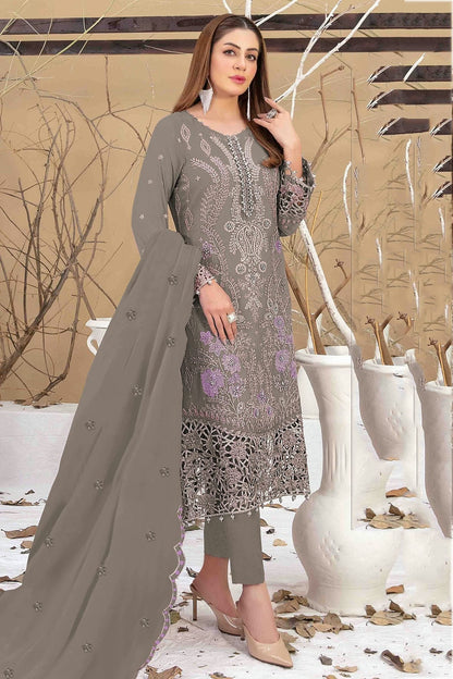 Grey Colour Semi Stitched Faux Georgette Pakistani Suit SM1140341