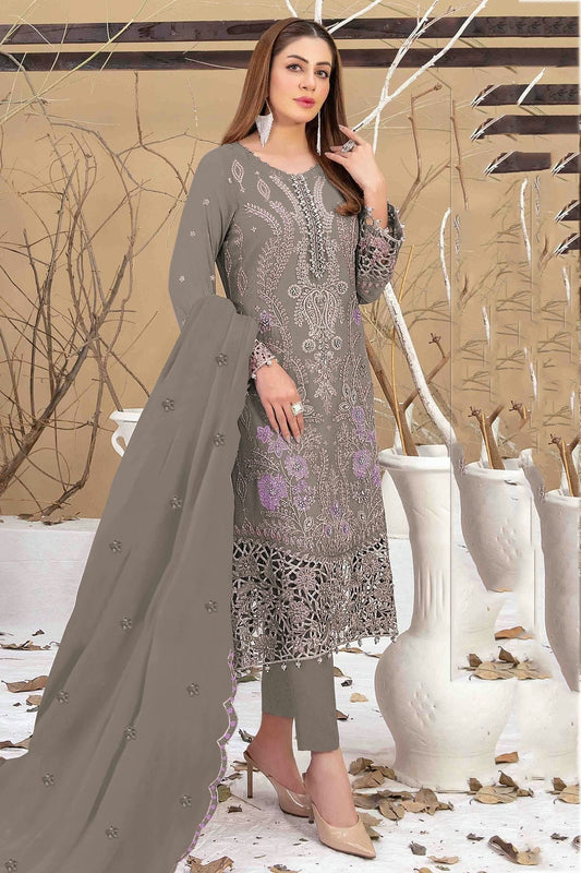 Grey Colour Semi Stitched Faux Georgette Pakistani Suit SM1140341