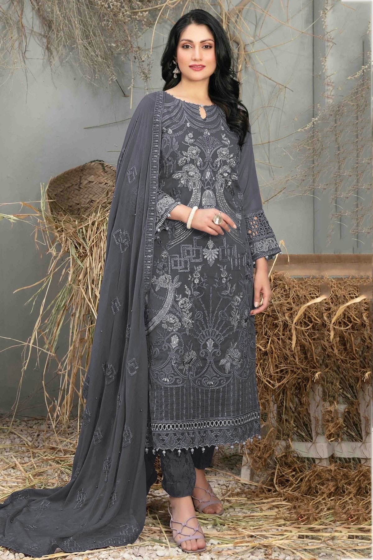 Grey Colour Semi Stitched Faux Georgette Pakistani Suit SM1140641
