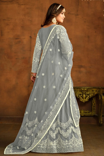 Grey Colour Semi Stitched Net Anarkali Suit SM1050444 A